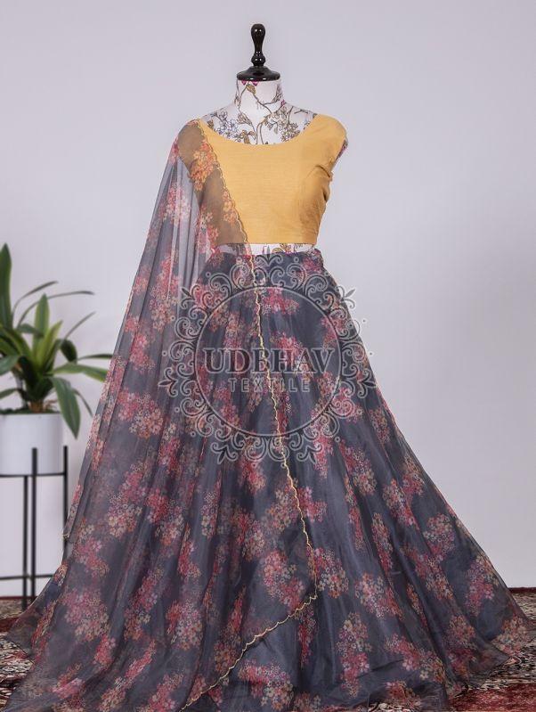 Dove Blue Partywear Floral Print With Sequin Zari Embroidered Organza  Lehenga Choli