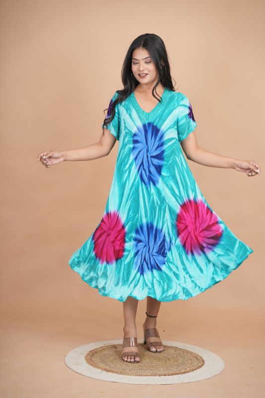 Ladies Blue Printed Rayon Dress