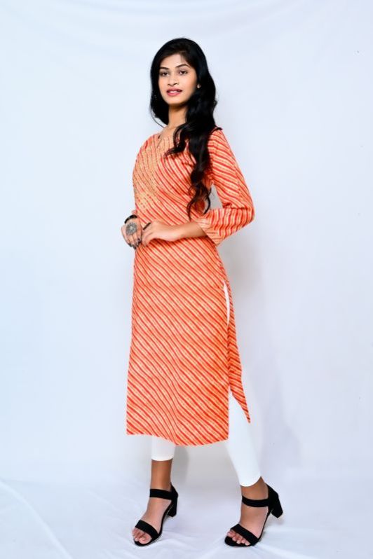 Straight Orange Rayon Printed Kurti