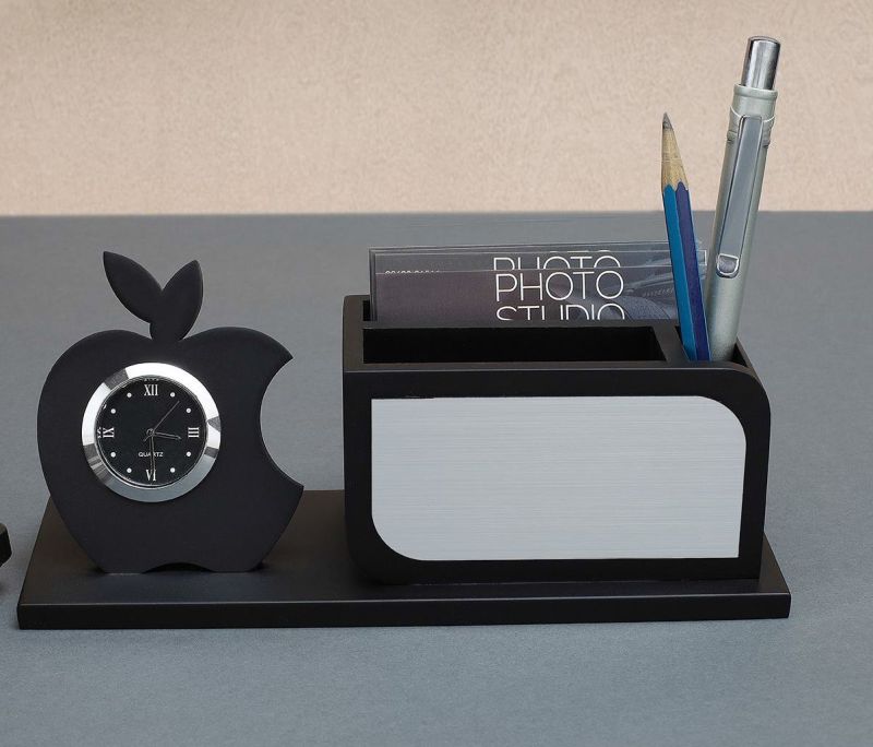 Desktop Wooden Pen Holder With Clock