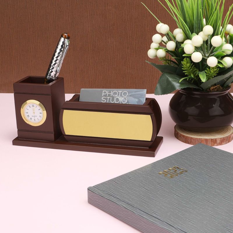 WD-03 Desktop Wooden Pen Holder With Clock