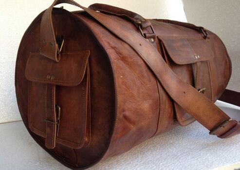 Handmade Leather Round Duffel Travel Weekender Bag