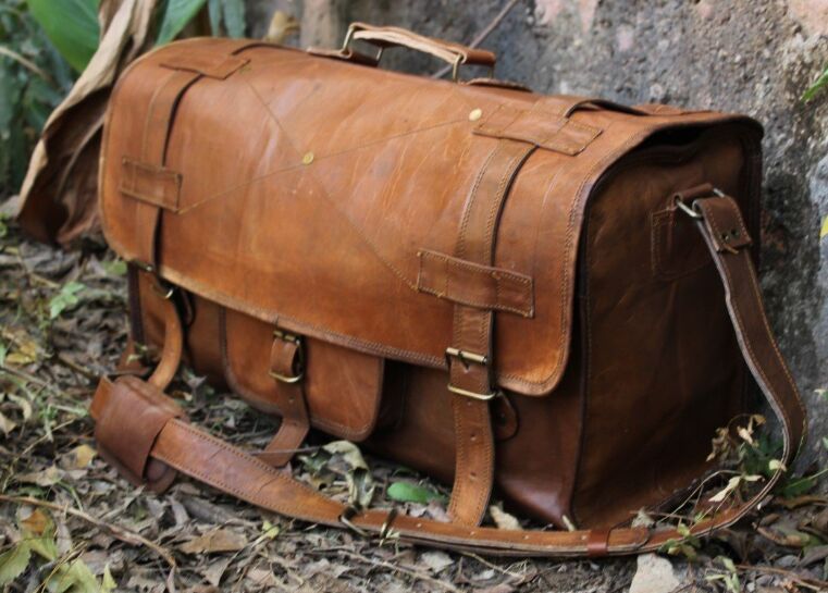 Handmade Leather Solid Duffel Travel Overlap Style Bag
