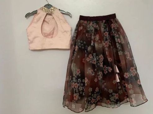 Brown Peach Kids Lehenga Crop Top