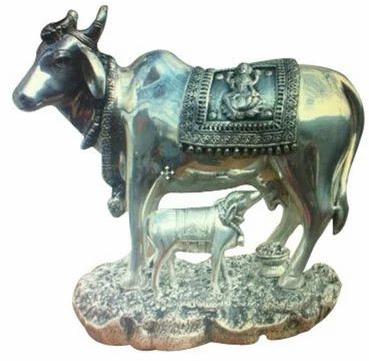 Silver Kamdhenu Cow and Calf Statue