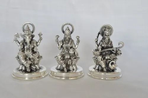Silver Laxmi Ganesh Saraswati Statue