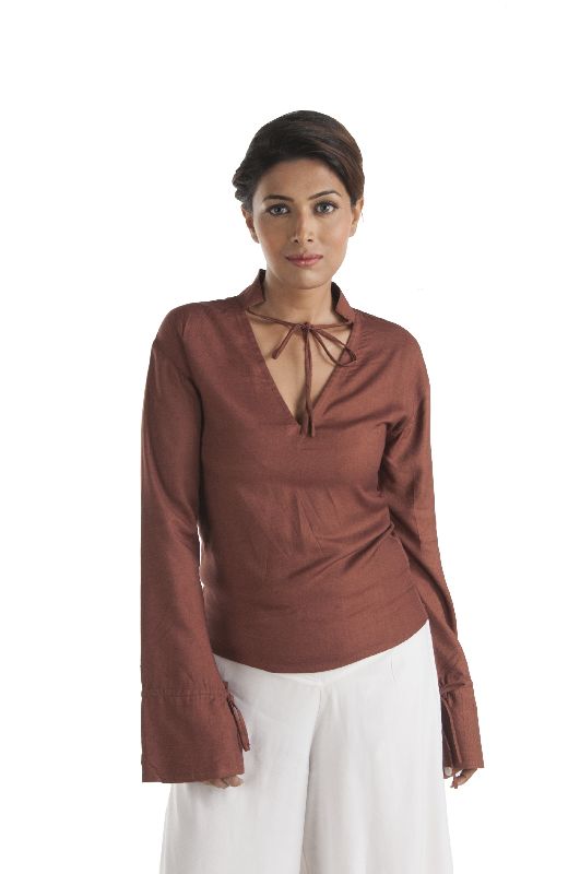 Drawstring Cuffs and Neck Tie Brown Bamboo Top