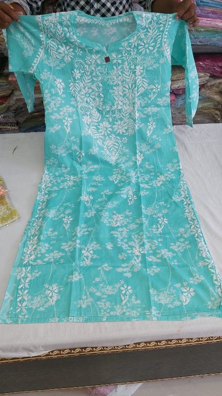 Yellow Lucknowi Chikan Cotton Handwork Button Kurti For Womans Size XL