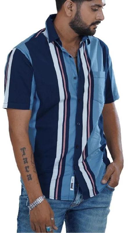 Blue Striped Cotton Half Sleeves Shirt