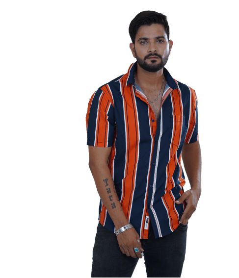 Orange Striped Cotton Half Sleeves Shirt