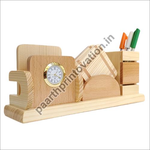 Wooden Pen Stand With Clock Card and Mobile Holder