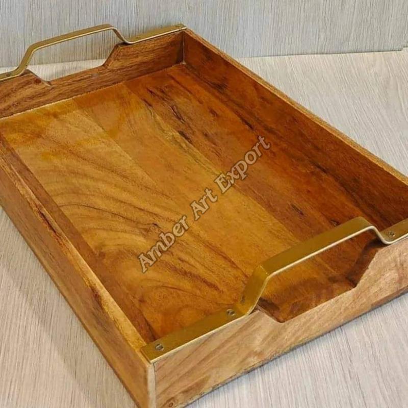 Wooden Serving Tray with Metal Handle