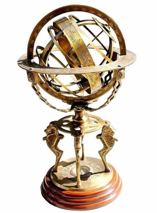Exquisite Handmade Engraved Brass Armillary with Wooden Base and Compass - Nautical Decor Showcase Piece