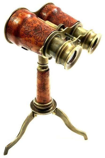Antique Look Brass Handmade Binoculars Leather Covered, complete with Brass Tripod Stand