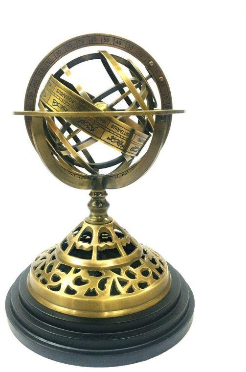 Handcrafted Antique-Looking Armillary with Unique Wooden Base and Brass Decoration - A Showcase of Timeless Elegance
