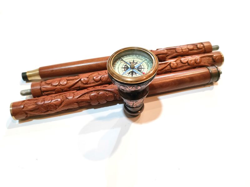 Handmade Nautical Brass Wooden Walking Cane Compass Stick Designer