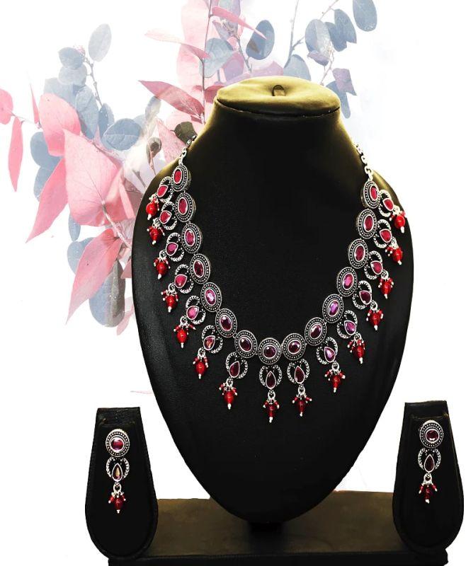 Red Stone Silver Necklace Set