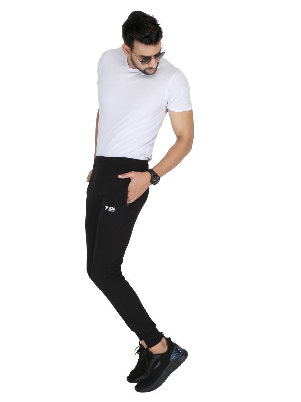 Mens Black Lycra Solid Track Pant With Grip