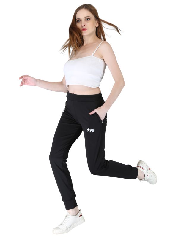 Women Black Lycra Solid Track Pant With Grip