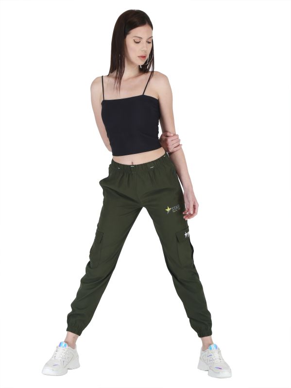 Women Green NS Polyester Solid Track Pant With Grip