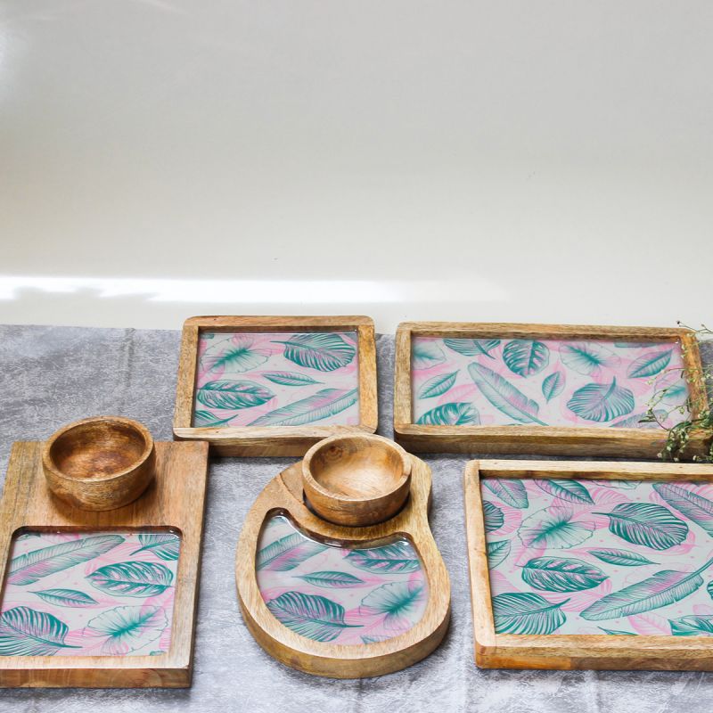 Pastel Leafy Moments Mango Wood Serving Platter Set of 7 Pcs