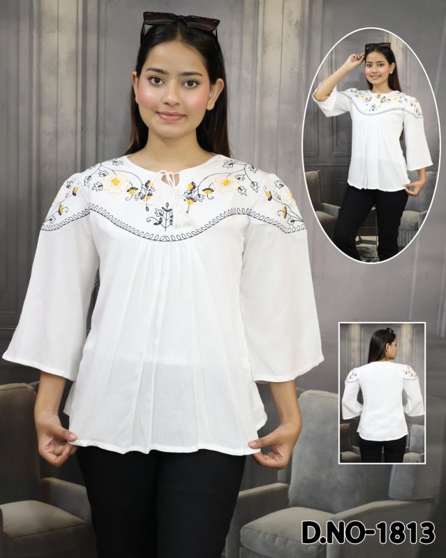 Cotton White Embroidered Tops