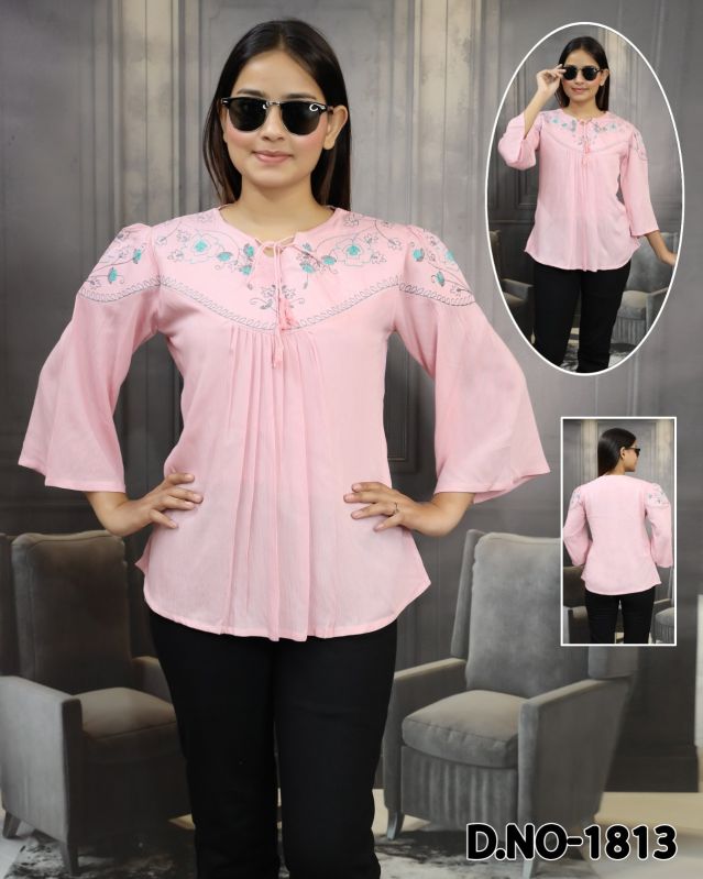 Ladies Pink Cotton Embroidered Top