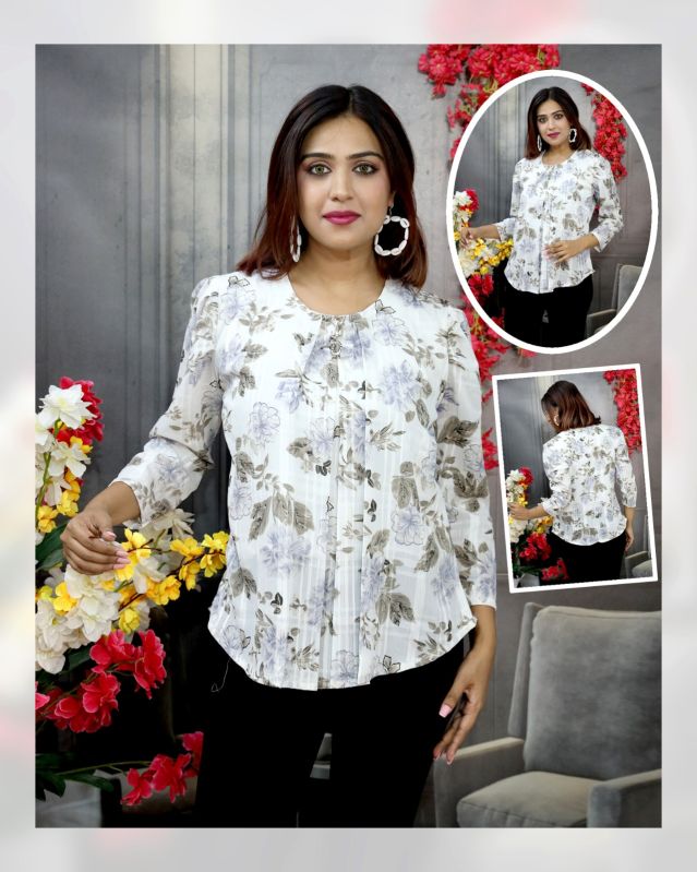 Ladies White Cotton Flower Print Top