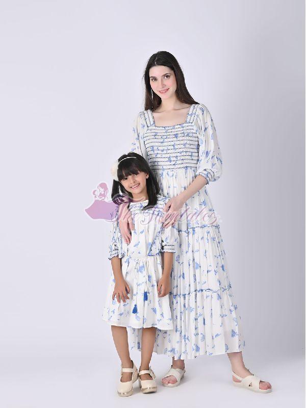 Mother and Daughter Blue Bird Smock Dress