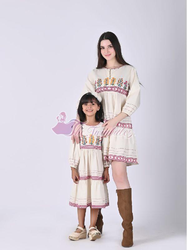 Mother and Daughter Ehreal Embroidery Mini Dress