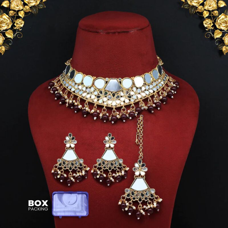 Dark Maroon Kundan Mirror Choker Necklace Set