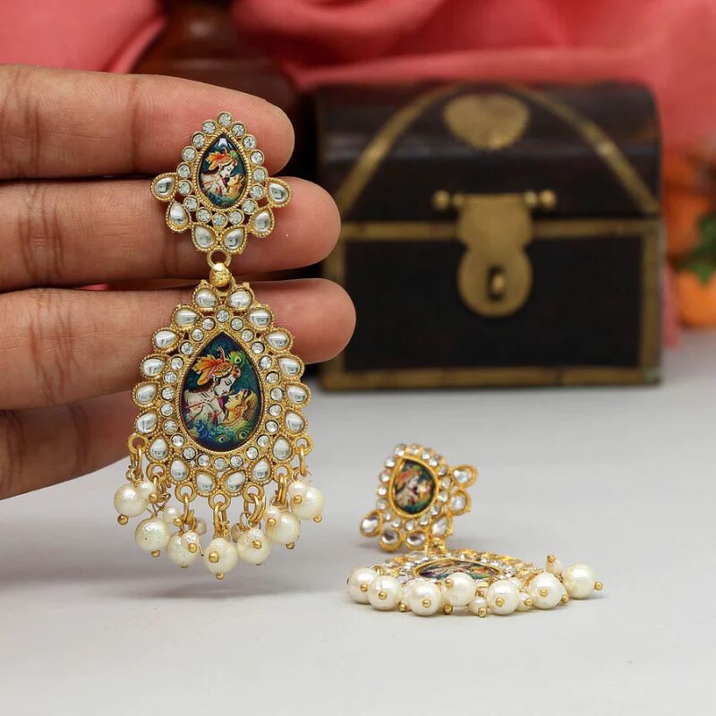 Lord Krishna Kundan Temple Earrings