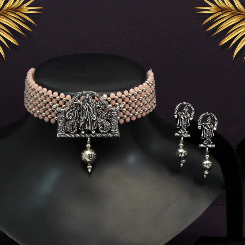 Peach Color Choker Oxidised Temple Necklace Set