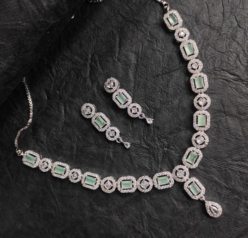 Premium Green Stone Studded American Diamond Necklace Set