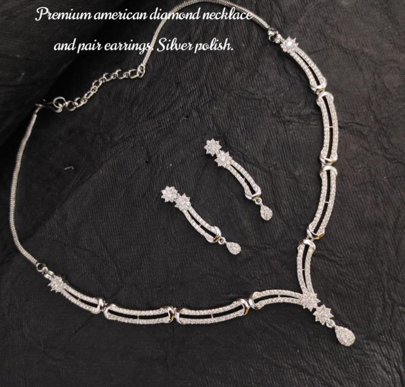 Silver Polish American Diamond Necklace Set