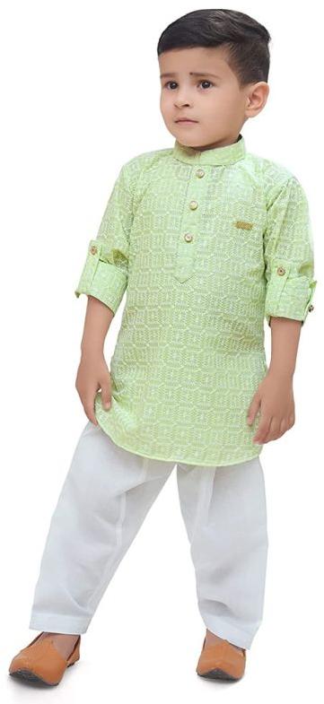 Boys Green Chikan Embroidered Kurta Salwar Set