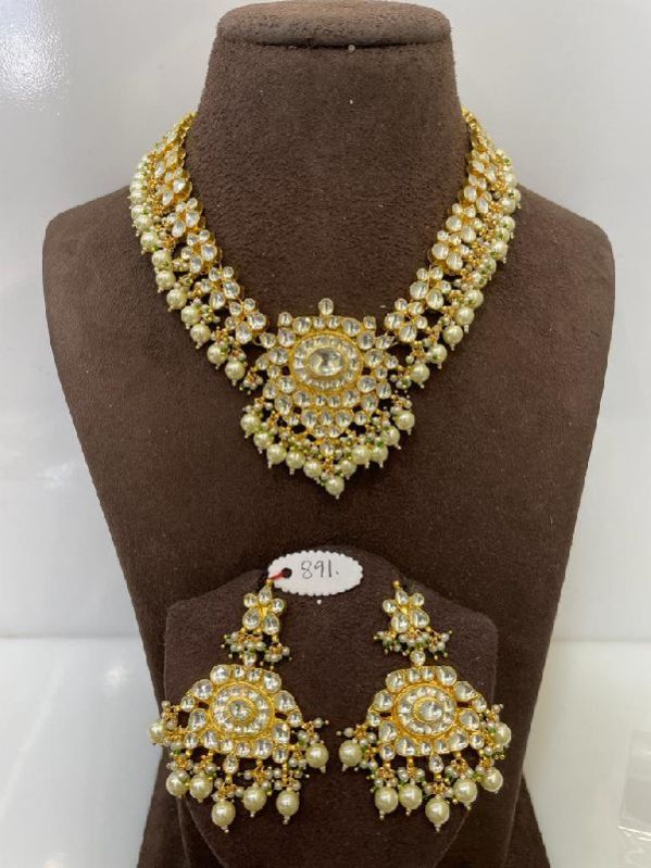 MJ-S-891 White Moti Yellow Necklace Set