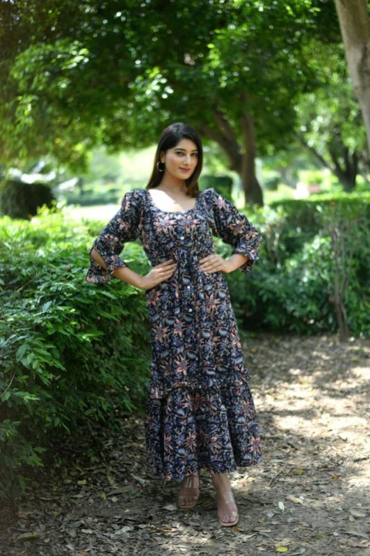 L Black Hand Block Printed One Piece Dress Manufacturer Supplier from Jaipur