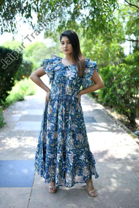Printed Blue Ladies Long One Piece Dress, 3/4th Sleeves, Party Wear at Rs  700/piece in Pushkar