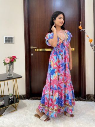 Ladies Pink Multi Colour Boho Maxi Dress