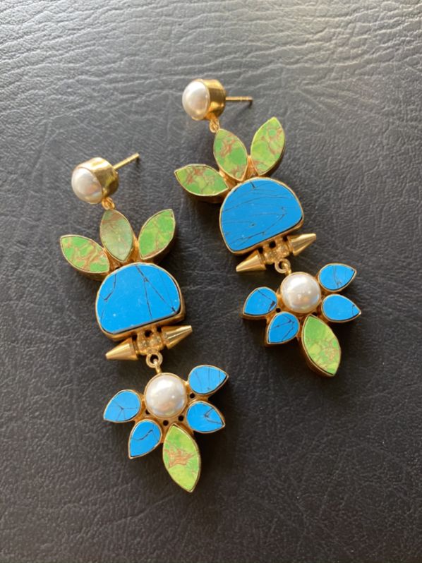 Green & Blue Stone Handmade Brass Earrings