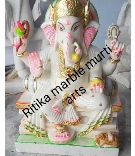 1.5 Feet Marble Painted Ganesh Statue