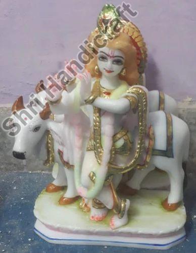 Marble Krishna With Cow Statue