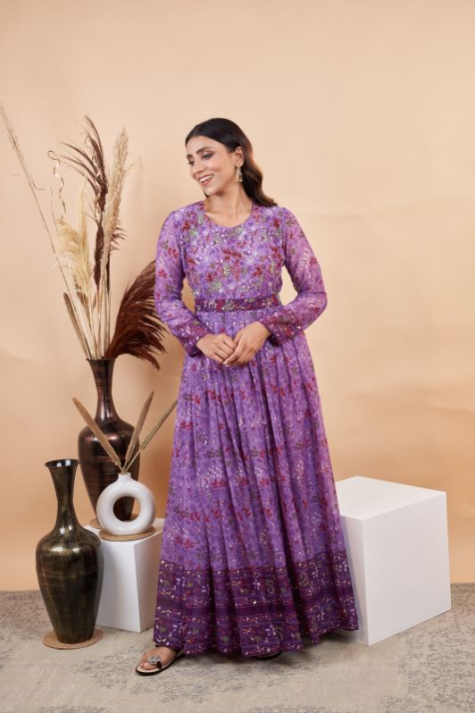 Polyester Printed Handwork Belted Gown