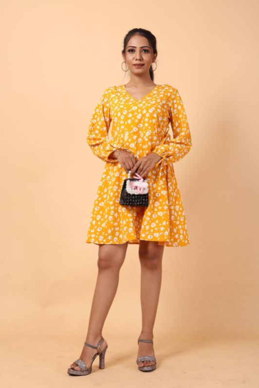 Yellow Floral Printed Mini Wrap Dress