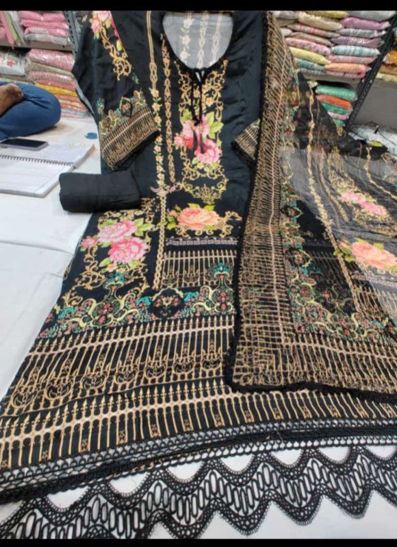 Onion Color Rayon Cotton Kashmiri Aari Work Unstitched Suit Fabric