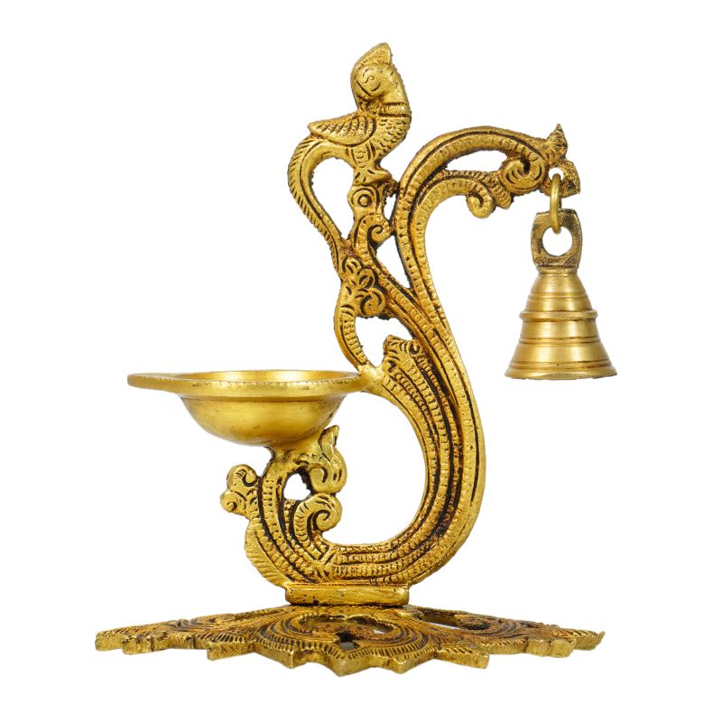Brass Curved Peacock Design Diya with Bell