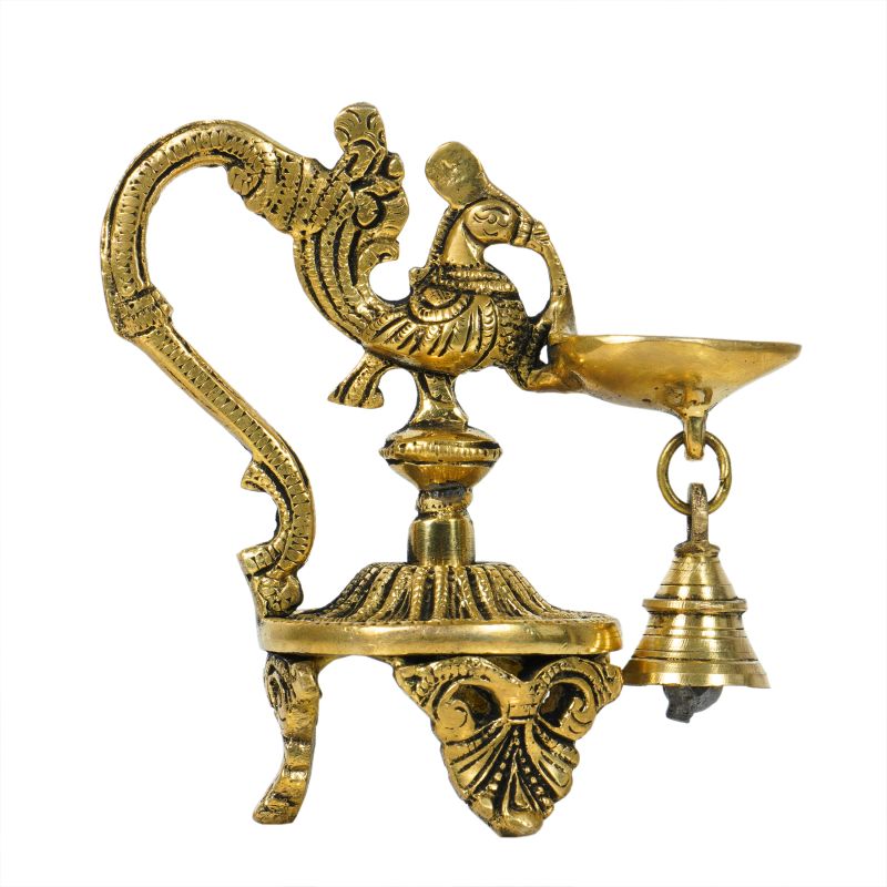 Brass Peacock Diya with Hanging Bell