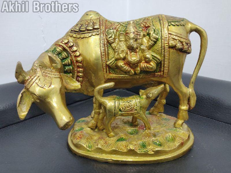 6 Inch Brass Cow With Calf Statue