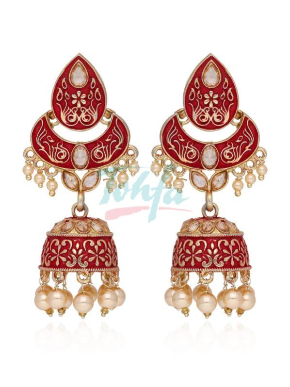 German Oxidized Silver Jhumka Earrings With Red/Green Stones and Pearl –  Digital Dress Room